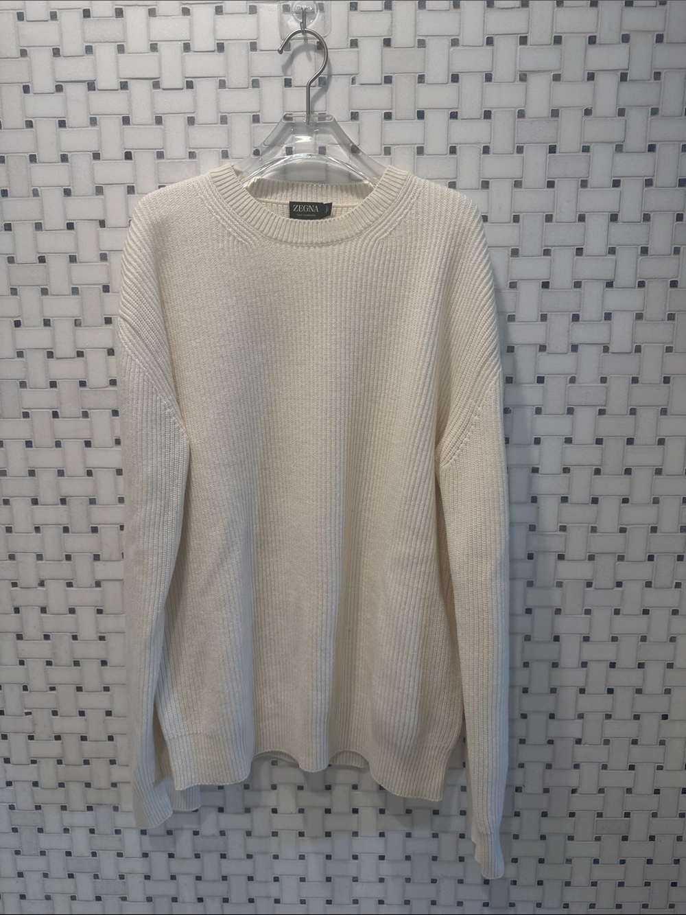 Zegna Men’s Cream cashmere Ribbed Crewneck Sweater